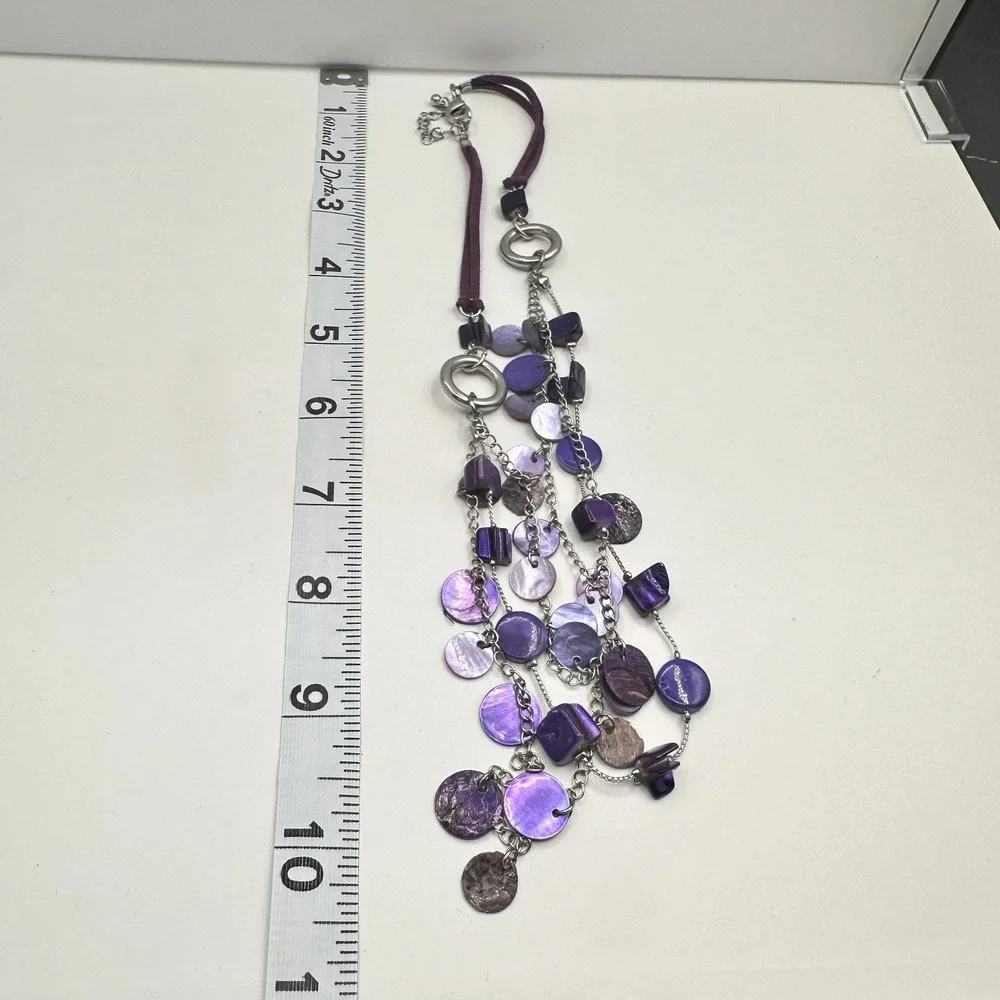 VTG Silver Tone Purple Multi Layer Layered Necklace Shell Stone Look Cluster Y2K